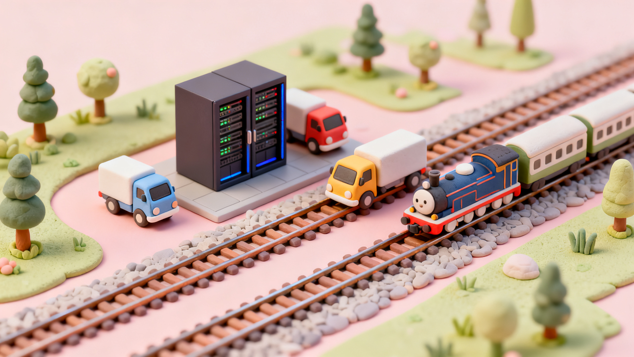Clay diorama illustrating cloud hosting for transportation operations